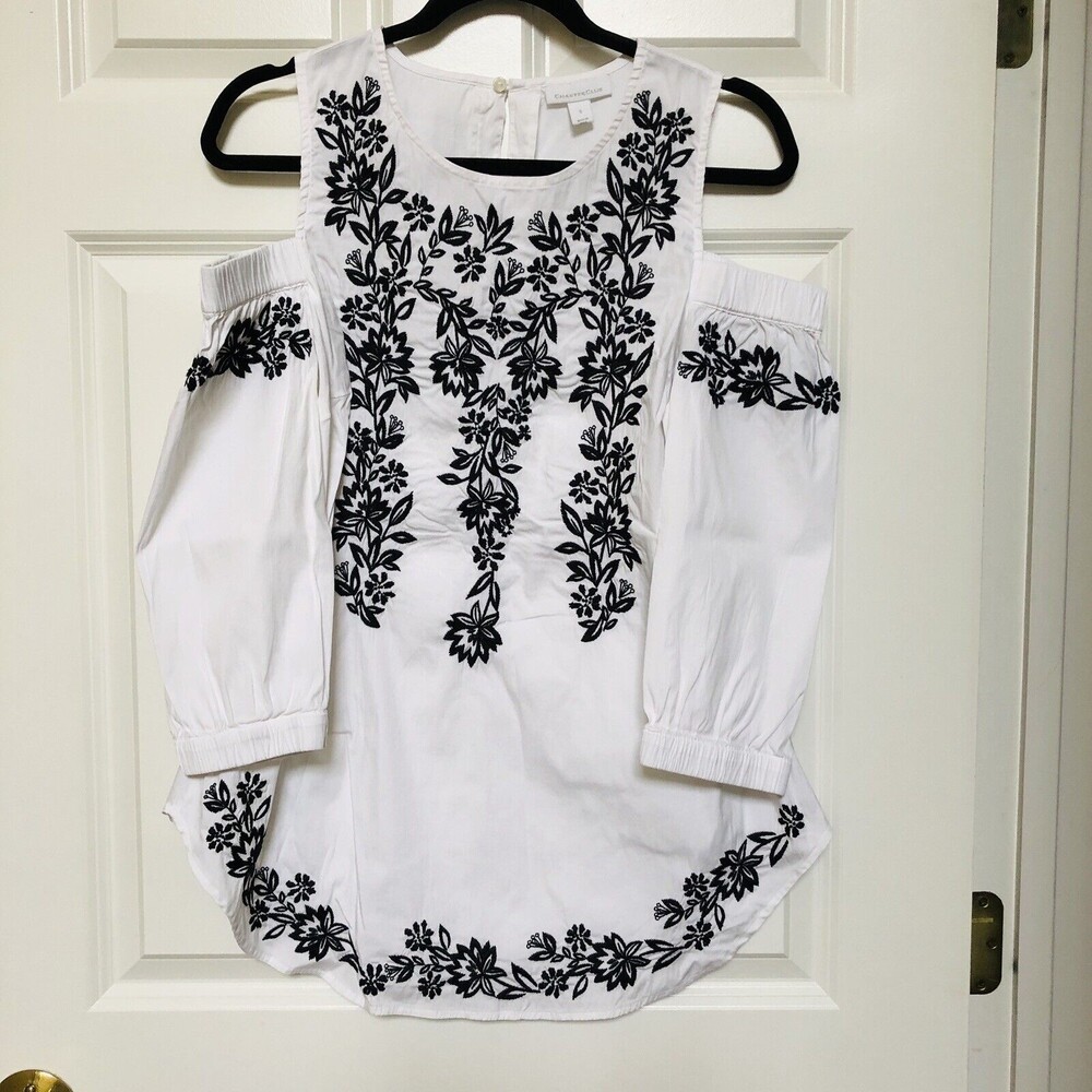 Charter Club Womens Size S 78% Cotton Embroidered Black/White Blouse-Top #